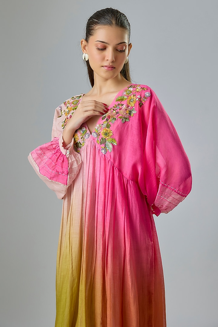 Fuschia & Green Shaded Fine Chanderi Embroidered Vacation Dress by Half Full Curve at Pernia's Pop Up Shop