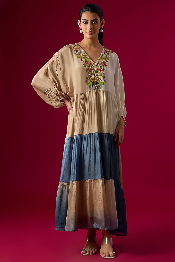 Shaded Blue Crepe Chiffon Embroidered Vacation Dress by Half Full Curve at Pernia's Pop Up Shop