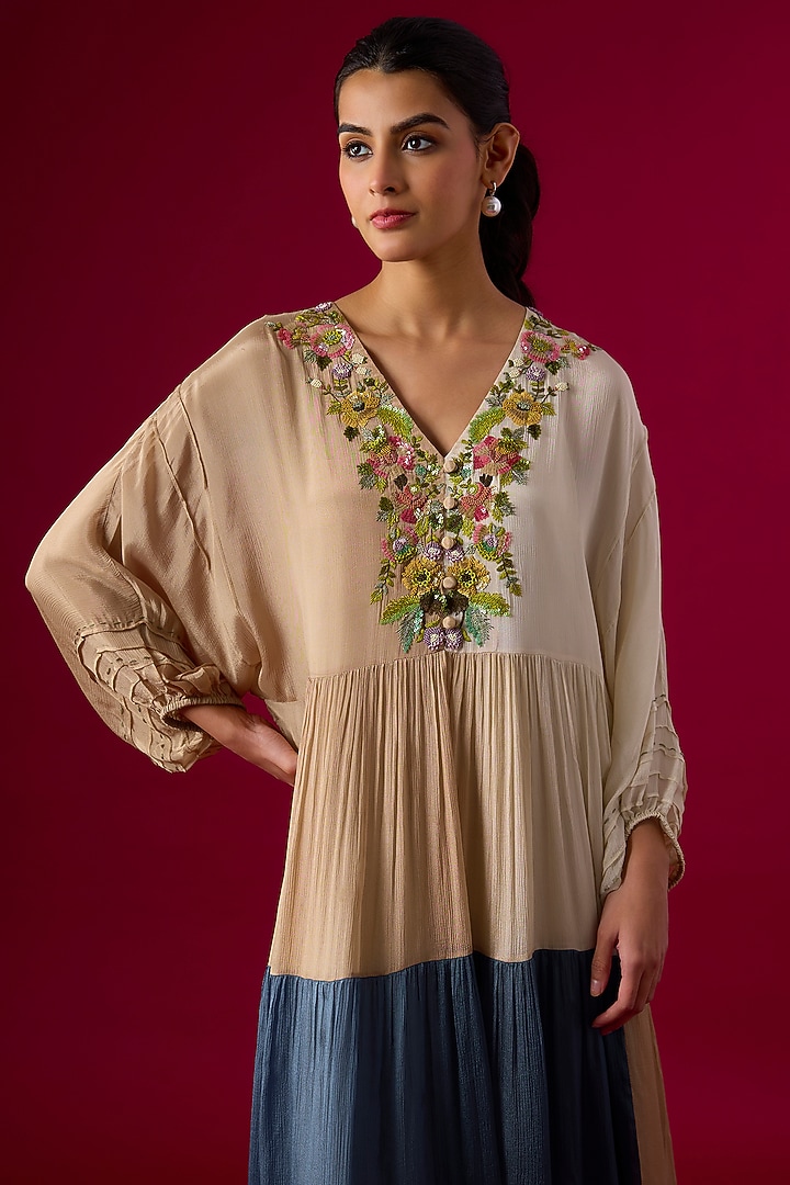 Shaded Blue Crepe Chiffon Embroidered Vacation Dress by Half Full Curve at Pernia's Pop Up Shop