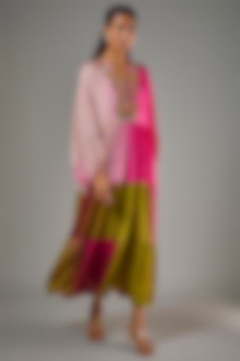 Fuchsia & Green Shaded Crepe Chiffon Hand Embroidered Midi Vacation Dress by Half Full Curve at Pernia's Pop Up Shop