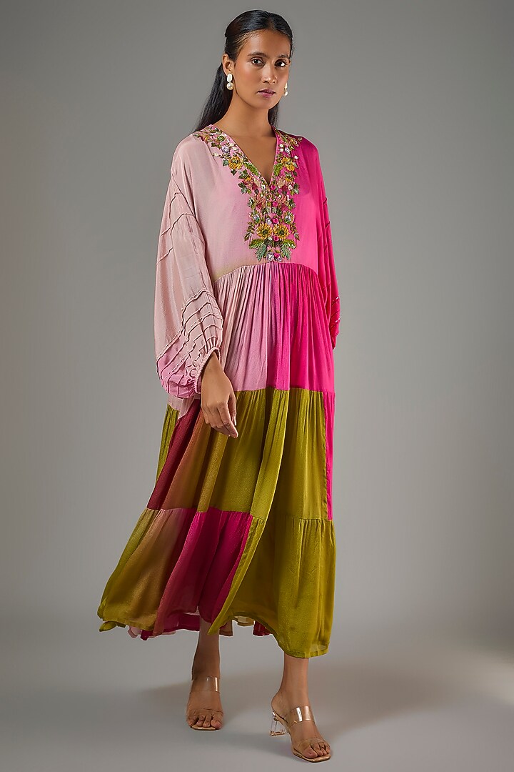 Fuchsia & Green Shaded Crepe Chiffon Hand Embroidered Midi Vacation Dress by Half Full Curve at Pernia's Pop Up Shop