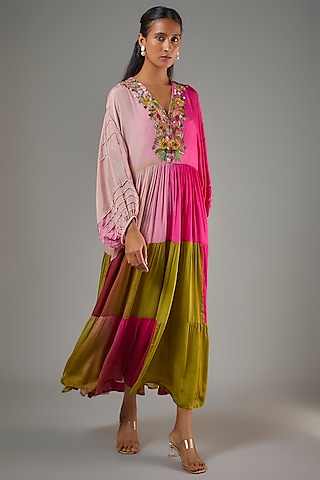 Fuchsia & Green Shaded Crepe Chiffon Hand Embroidered Midi Dress by Half Full Curve