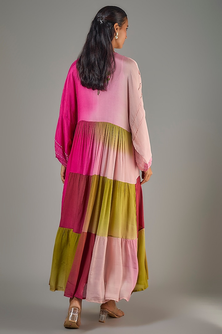 Fuchsia & Green Shaded Crepe Chiffon Hand Embroidered Midi Vacation Dress by Half Full Curve at Pernia's Pop Up Shop