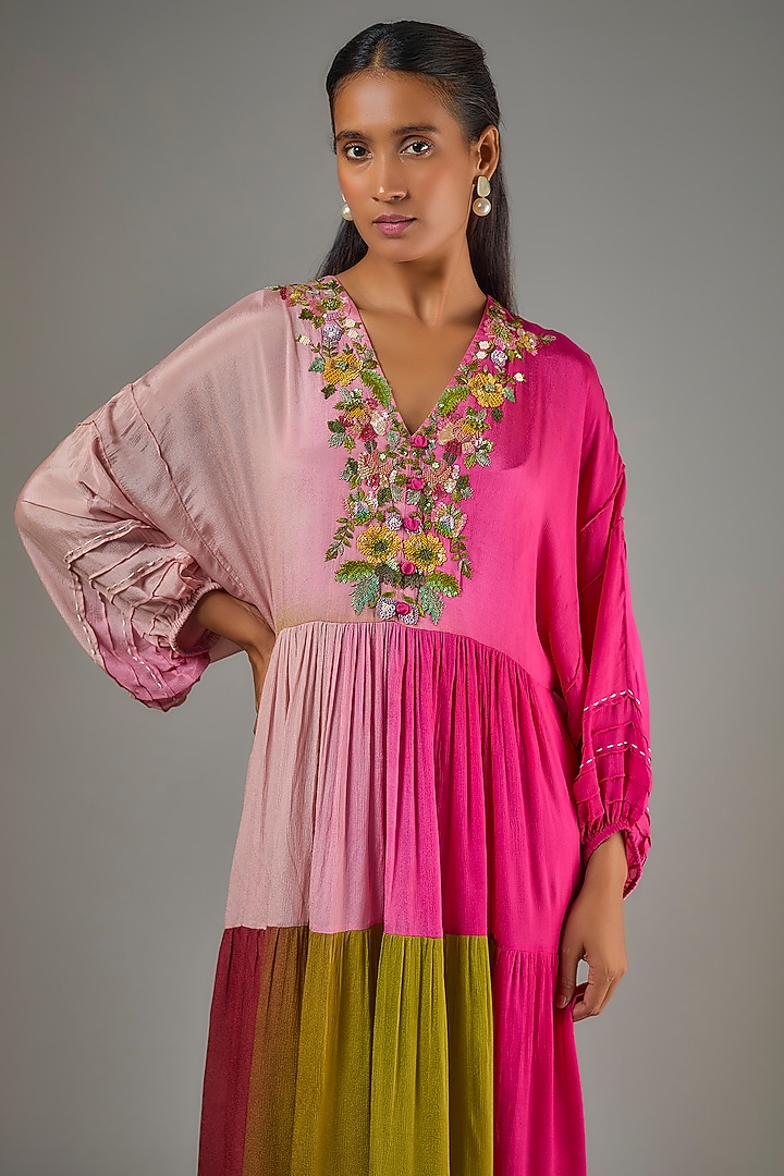Fuchsia & Green Shaded Crepe Chiffon Hand Embroidered Midi Vacation Dress by Half Full Curve at Pernia's Pop Up Shop