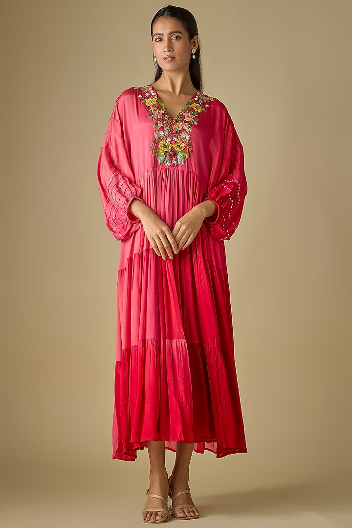 Red Shaded Crepe Chiffon Spring Embroidered Midi Vacation Dress by Half Full Curve at Pernia's Pop Up Shop