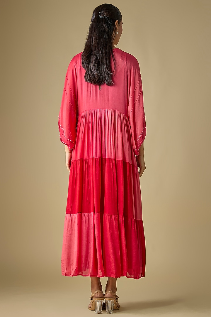 Red Shaded Crepe Chiffon Spring Embroidered Midi Vacation Dress by Half Full Curve at Pernia's Pop Up Shop