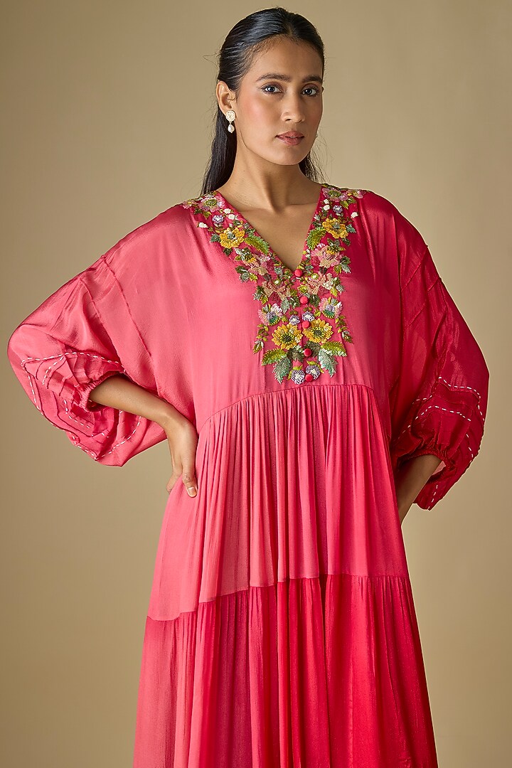 Red Shaded Crepe Chiffon Spring Embroidered Midi Vacation Dress by Half Full Curve at Pernia's Pop Up Shop