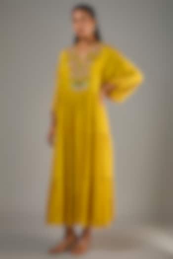Mustard Crepe Chiffon Hand Embroidered Midi Vacation Dress by Half Full Curve at Pernia's Pop Up Shop