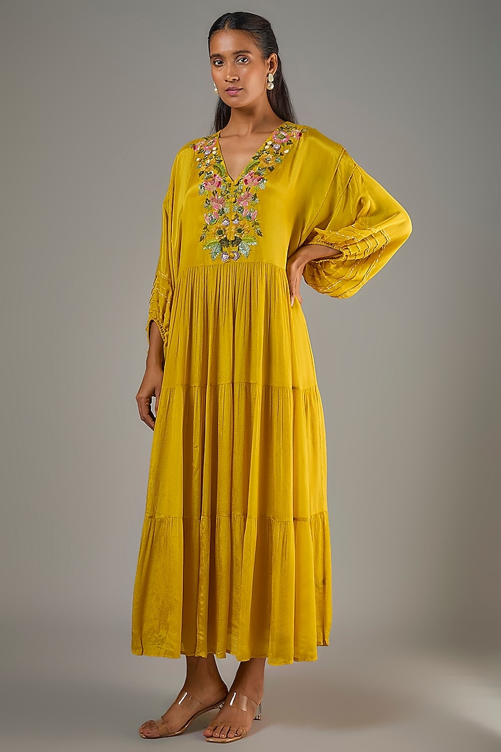 Mustard Crepe Chiffon Hand Embroidered Midi Vacation Dress by Half Full Curve at Pernia's Pop Up Shop