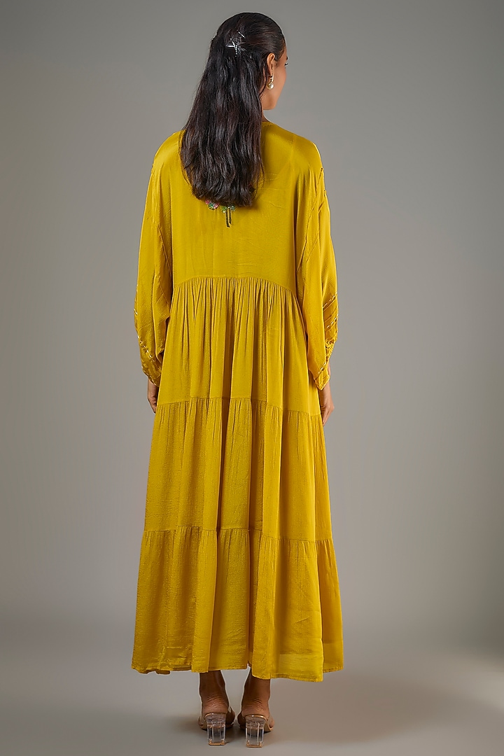 Mustard Crepe Chiffon Hand Embroidered Midi Vacation Dress by Half Full Curve at Pernia's Pop Up Shop