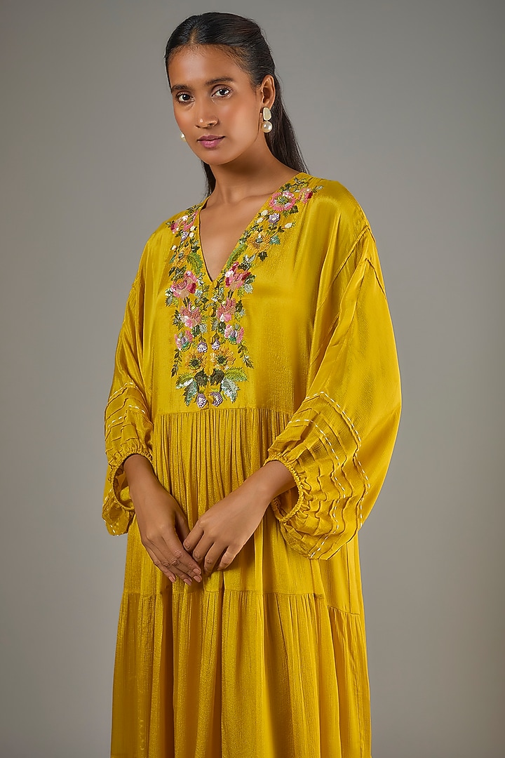 Mustard Crepe Chiffon Hand Embroidered Midi Vacation Dress by Half Full Curve at Pernia's Pop Up Shop