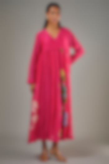 Pink Fine Chanderi Hand Embroidered Flared Midi Cocktail Dress by Half Full Curve at Pernia's Pop Up Shop
