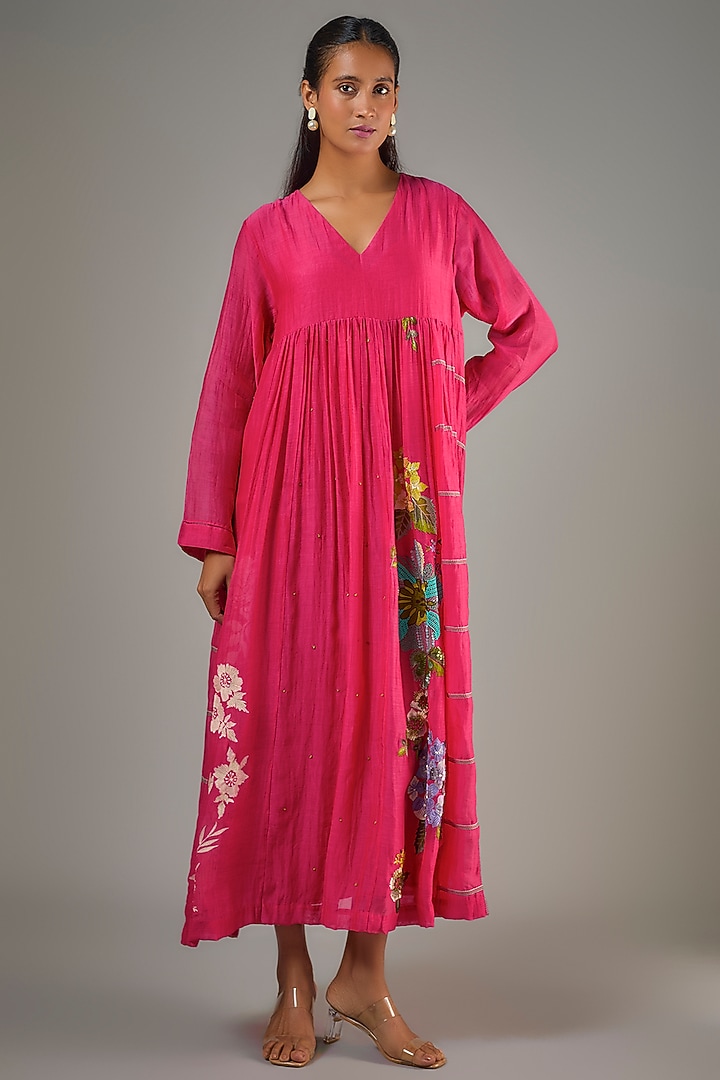 Pink Fine Chanderi Hand Embroidered Flared Midi Cocktail Dress by Half Full Curve at Pernia's Pop Up Shop