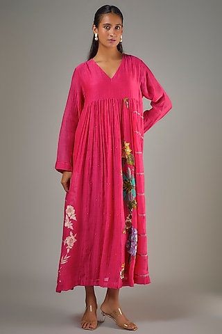 Pink Fine Chanderi Hand Embroidered Flared Midi Dress by Half Full Curve
