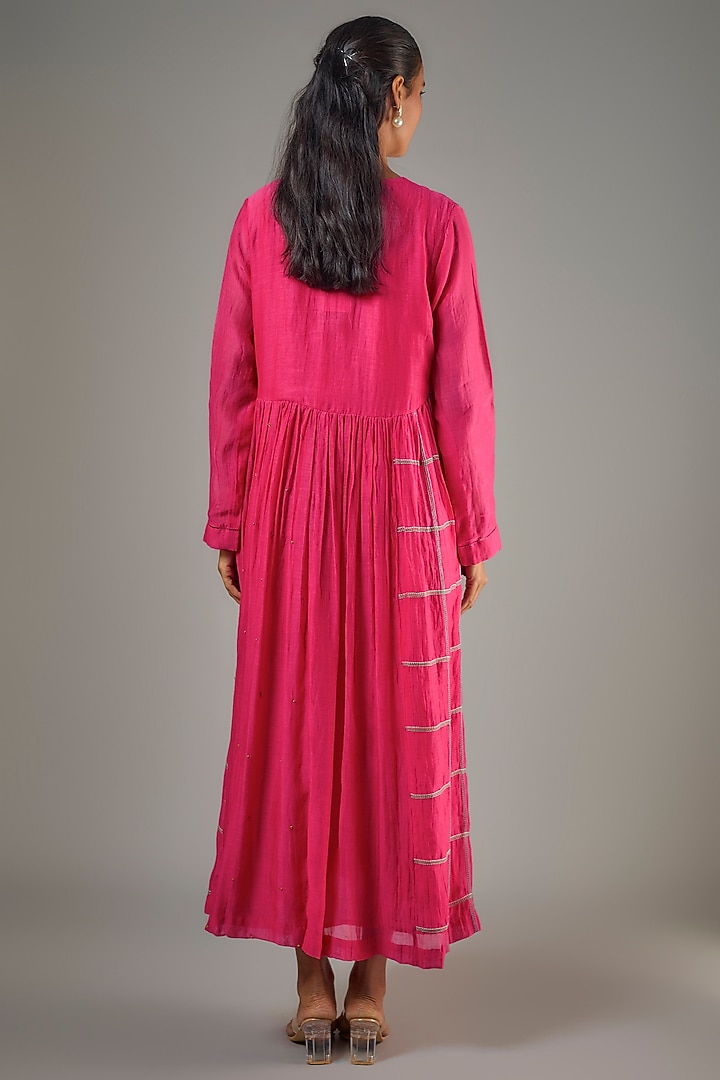 Pink Fine Chanderi Hand Embroidered Flared Midi Cocktail Dress by Half Full Curve at Pernia's Pop Up Shop