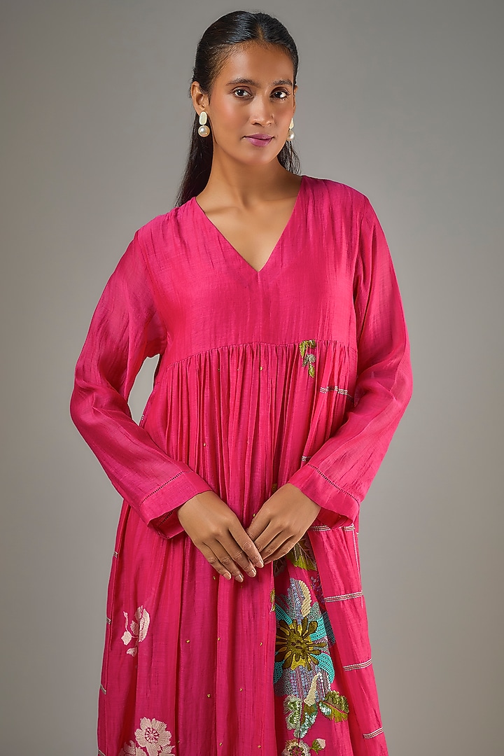 Pink Fine Chanderi Hand Embroidered Flared Midi Cocktail Dress by Half Full Curve at Pernia's Pop Up Shop