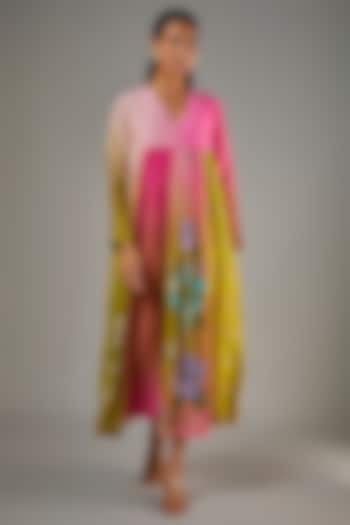 Fuchsia & Green Shaded Fine Chanderi Hand Embroidered Flared Midi Cocktail Dress by Half Full Curve at Pernia's Pop Up Shop