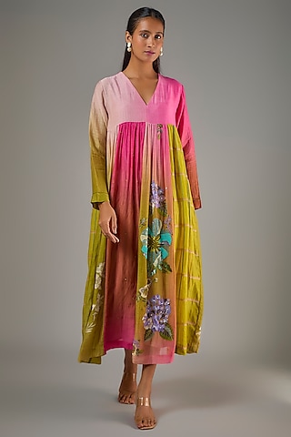 Fuchsia & Green Shaded Fine Chanderi Hand Embroidered Flared Midi Dress by Half Full Curve