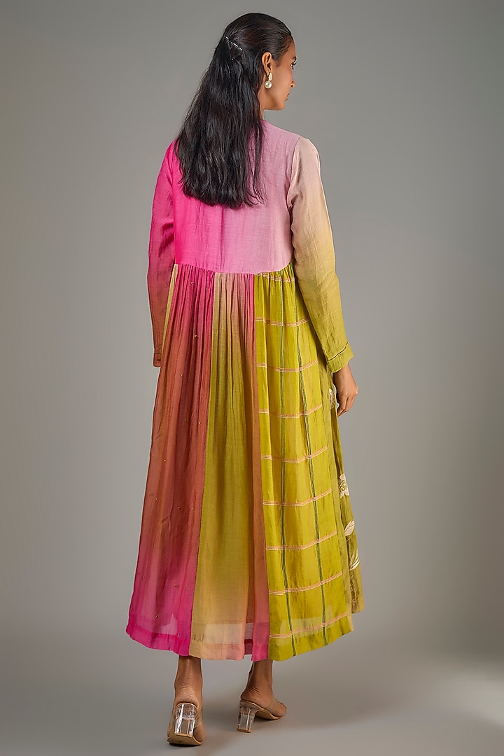 Fuchsia & Green Shaded Fine Chanderi Hand Embroidered Flared Midi Cocktail Dress by Half Full Curve at Pernia's Pop Up Shop