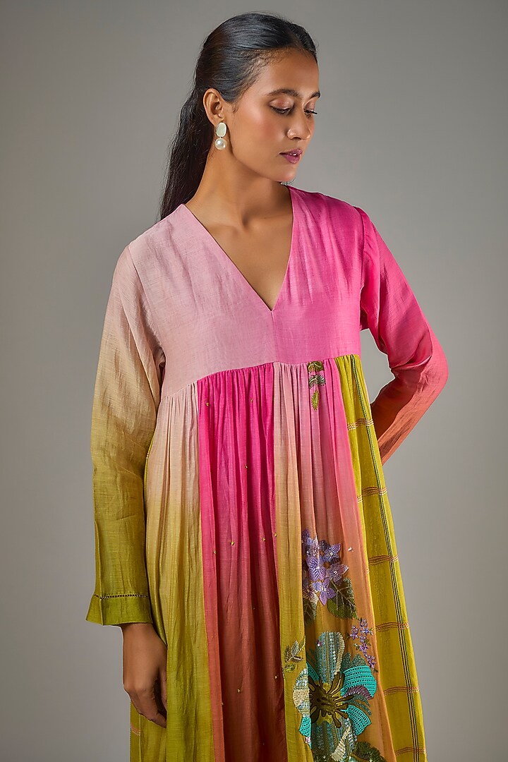 Fuchsia & Green Shaded Fine Chanderi Hand Embroidered Flared Midi Cocktail Dress by Half Full Curve at Pernia's Pop Up Shop