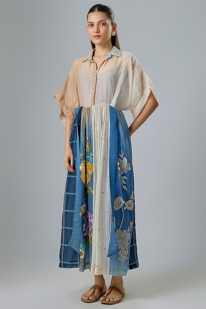 Blue Fine Chanderi Embroidered Tie-Up Cocktail Dress by Half Full Curve at Pernia's Pop Up Shop