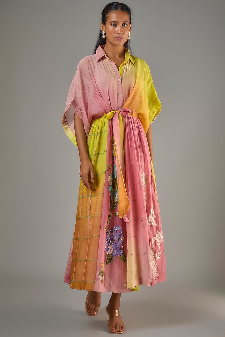 Pink Fine Chanderi Hand Embroidered Tie-Up Midi Cocktail Dress by Half Full Curve at Pernia's Pop Up Shop