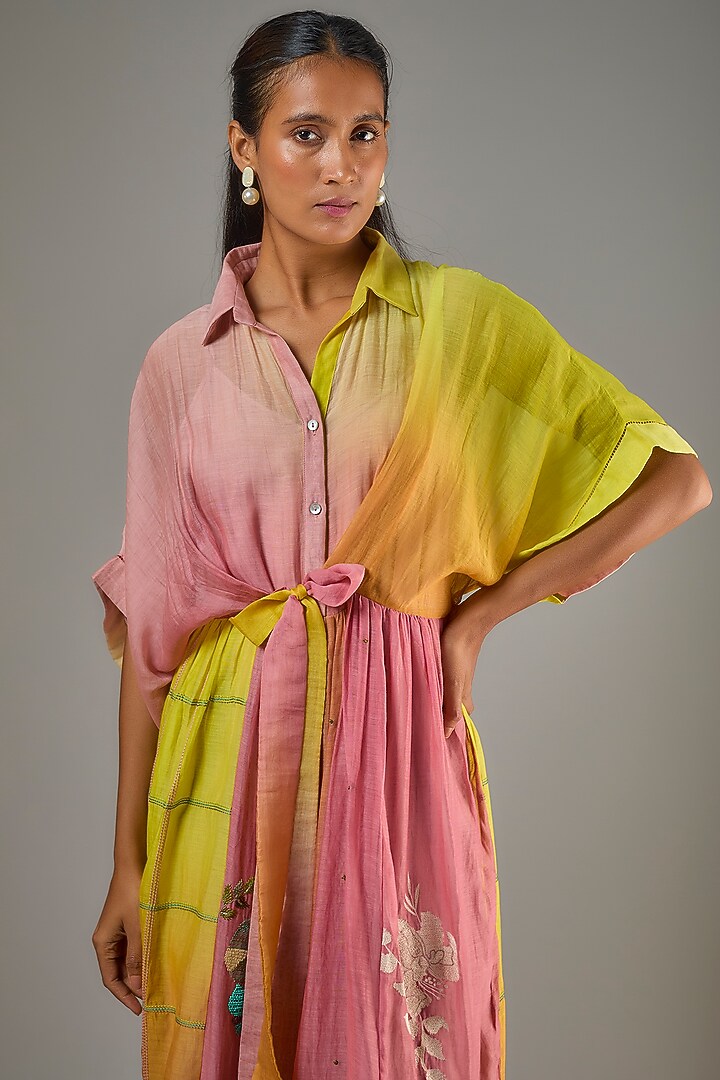 Pink Fine Chanderi Hand Embroidered Tie-Up Midi Cocktail Dress by Half Full Curve at Pernia's Pop Up Shop