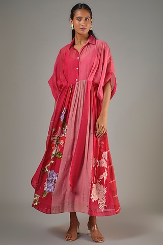 Red Fine Chanderi Hand Embroidered Tie-Up Midi Dress by Half Full Curve