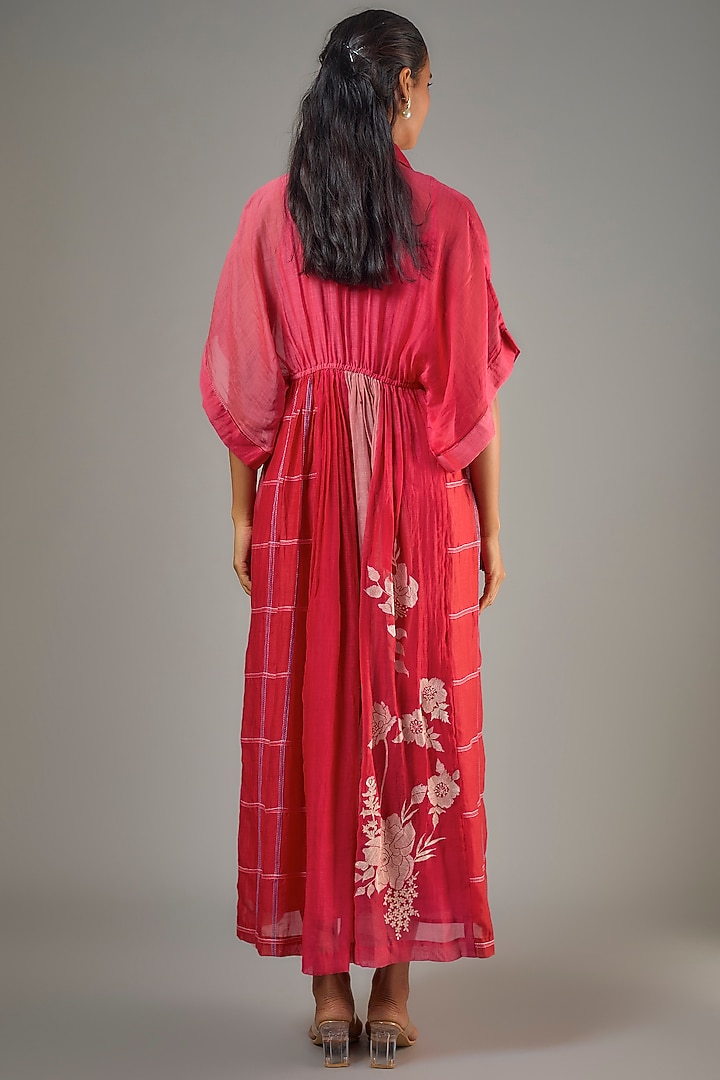Red Fine Chanderi Hand Embroidered Tie-Up Midi Cocktail Dress by Half Full Curve at Pernia's Pop Up Shop
