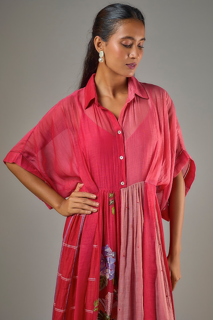 Red Fine Chanderi Hand Embroidered Tie-Up Midi Cocktail Dress by Half Full Curve at Pernia's Pop Up Shop