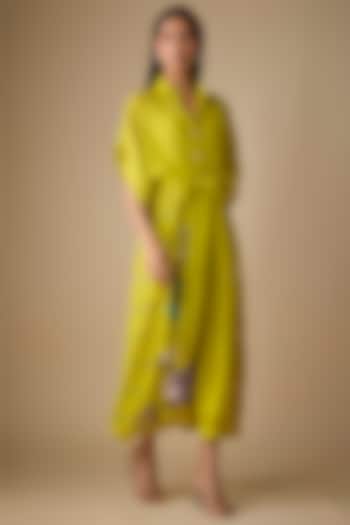 Green Fine Chanderi Blossom Embroidered Tie-Up Midi Cocktail Dress by Half Full Curve at Pernia's Pop Up Shop