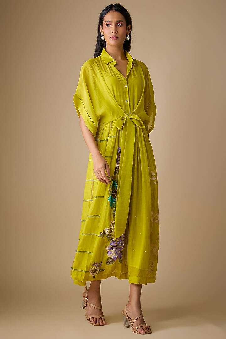 Green Fine Chanderi Blossom Embroidered Tie-Up Midi Cocktail Dress by Half Full Curve at Pernia's Pop Up Shop