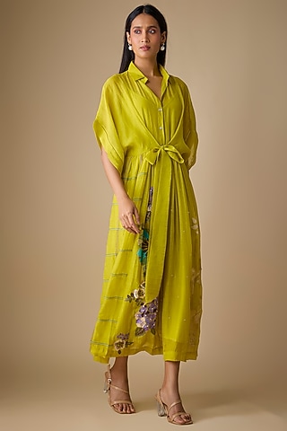 Green Fine Chanderi Blossom Embroidered Tie-Up Midi Dress by Half Full Curve