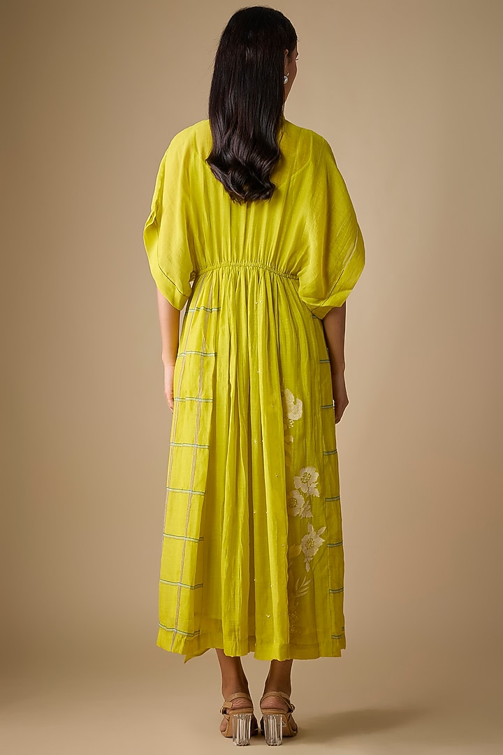 Green Fine Chanderi Blossom Embroidered Tie-Up Midi Cocktail Dress by Half Full Curve at Pernia's Pop Up Shop