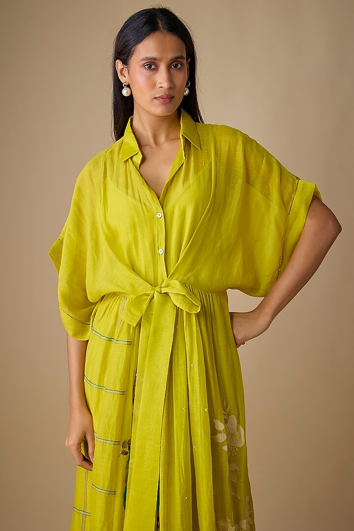 Green Fine Chanderi Blossom Embroidered Tie-Up Midi Cocktail Dress by Half Full Curve at Pernia's Pop Up Shop