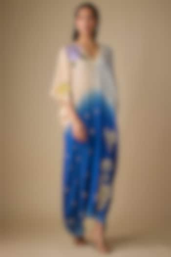 Blue Shaded Crepe Chiffon Blossom Embroidered Kaftan Vacation Dress by Half Full Curve at Pernia's Pop Up Shop