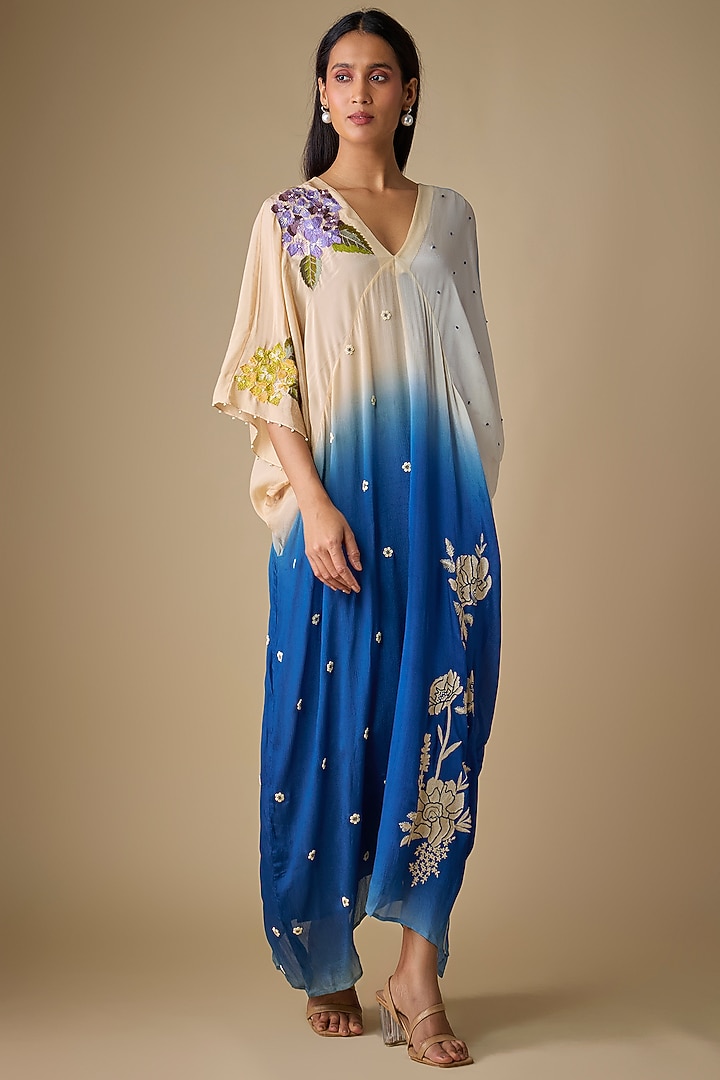 Blue Shaded Crepe Chiffon Blossom Embroidered Kaftan Vacation Dress by Half Full Curve at Pernia's Pop Up Shop