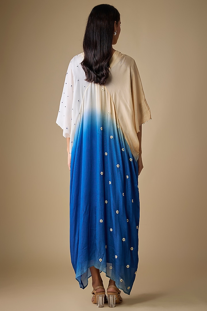 Blue Shaded Crepe Chiffon Blossom Embroidered Kaftan Vacation Dress by Half Full Curve at Pernia's Pop Up Shop