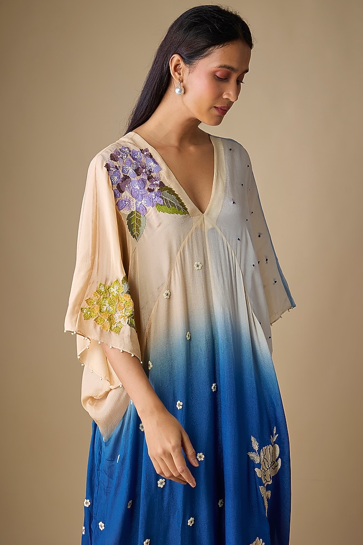Blue Shaded Crepe Chiffon Blossom Embroidered Kaftan Vacation Dress by Half Full Curve at Pernia's Pop Up Shop