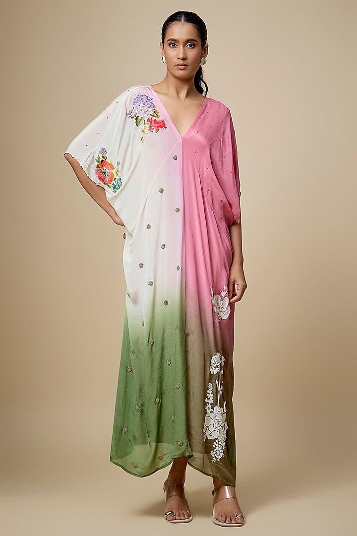 Multi-Colored Crepe Chiffon Hand Embroidered Kaftan by Half Full Curve at Pernia's Pop Up Shop