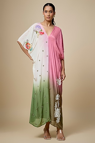 Multi-Colored Crepe Chiffon Hand Embroidered Kaftan by Half Full Curve