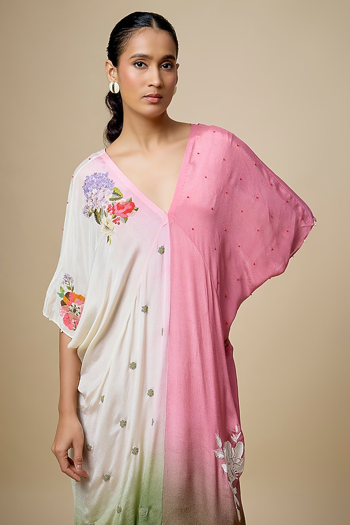 Multi-Colored Crepe Chiffon Hand Embroidered Kaftan by Half Full Curve at Pernia's Pop Up Shop