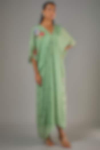 Green Crepe Chiffon Hand Embroidered Kaftan by Half Full Curve at Pernia's Pop Up Shop