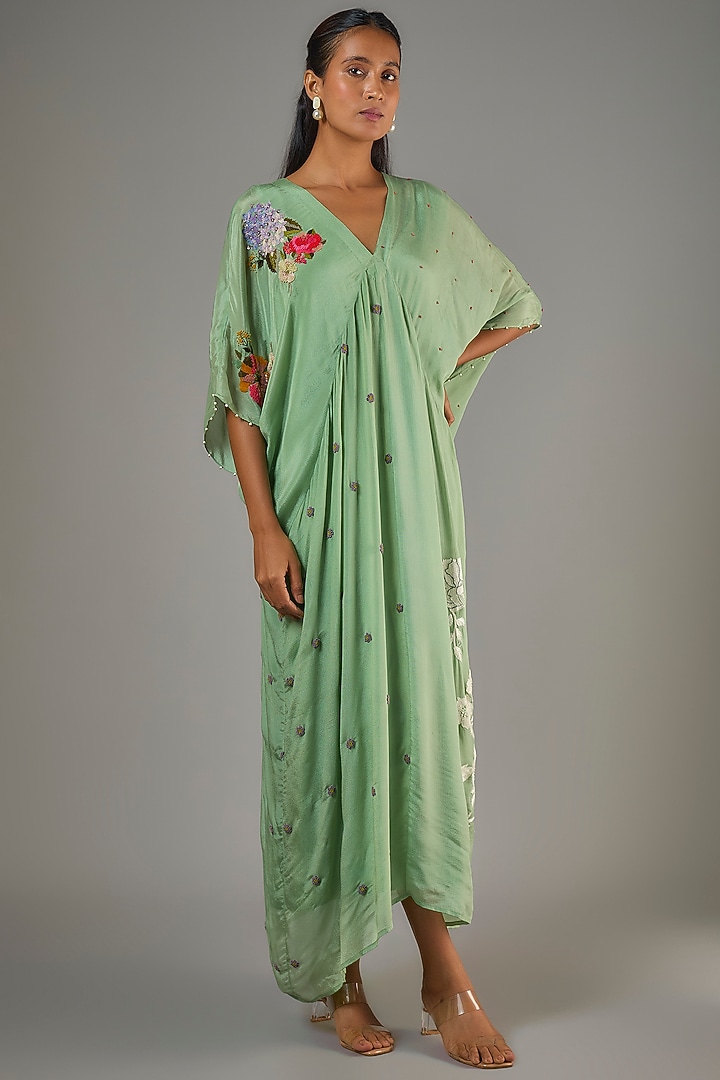 Green Crepe Chiffon Hand Embroidered Kaftan by Half Full Curve at Pernia's Pop Up Shop