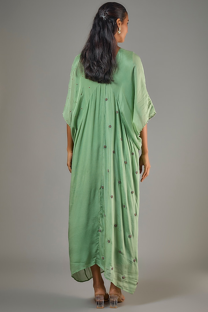 Green Crepe Chiffon Hand Embroidered Kaftan by Half Full Curve at Pernia's Pop Up Shop