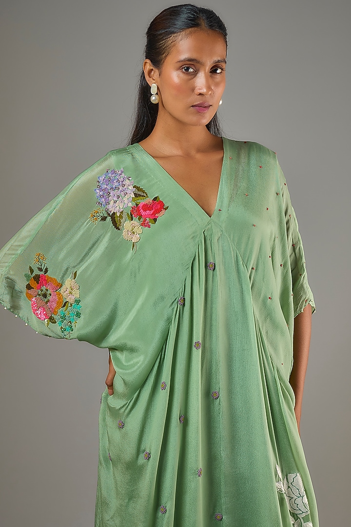 Green Crepe Chiffon Hand Embroidered Kaftan by Half Full Curve at Pernia's Pop Up Shop