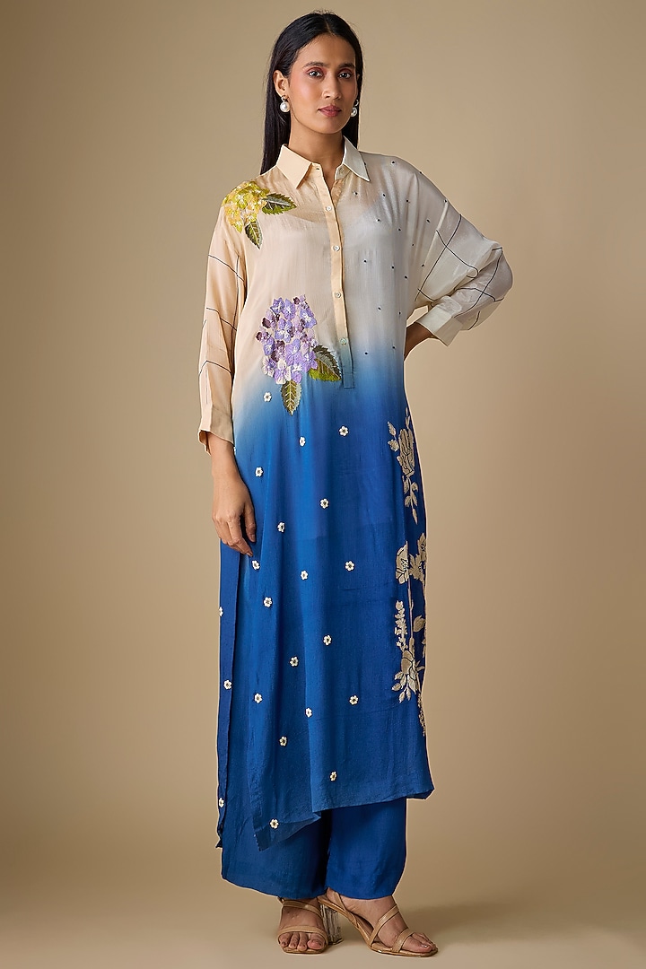 Blue Shaded Crepe Chiffon Blossom Embroidered Kurta Set by Half Full Curve at Pernia's Pop Up Shop