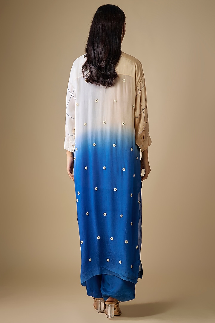 Blue Shaded Crepe Chiffon Blossom Embroidered Kurta Set by Half Full Curve at Pernia's Pop Up Shop