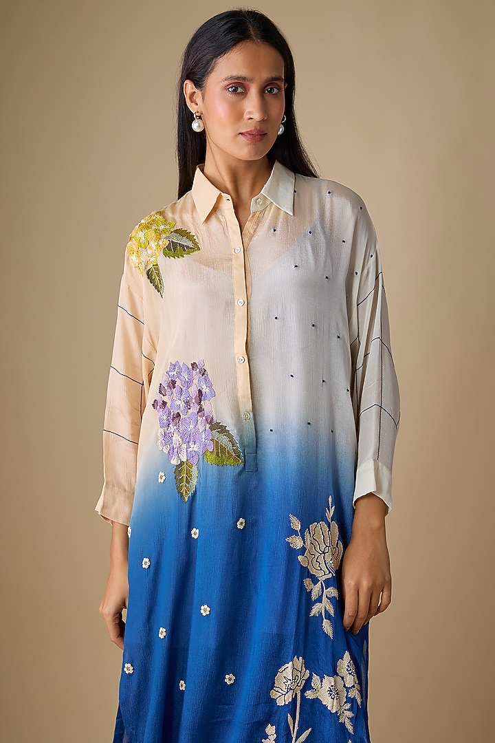 Blue Shaded Crepe Chiffon Blossom Embroidered Kurta Set by Half Full Curve at Pernia's Pop Up Shop