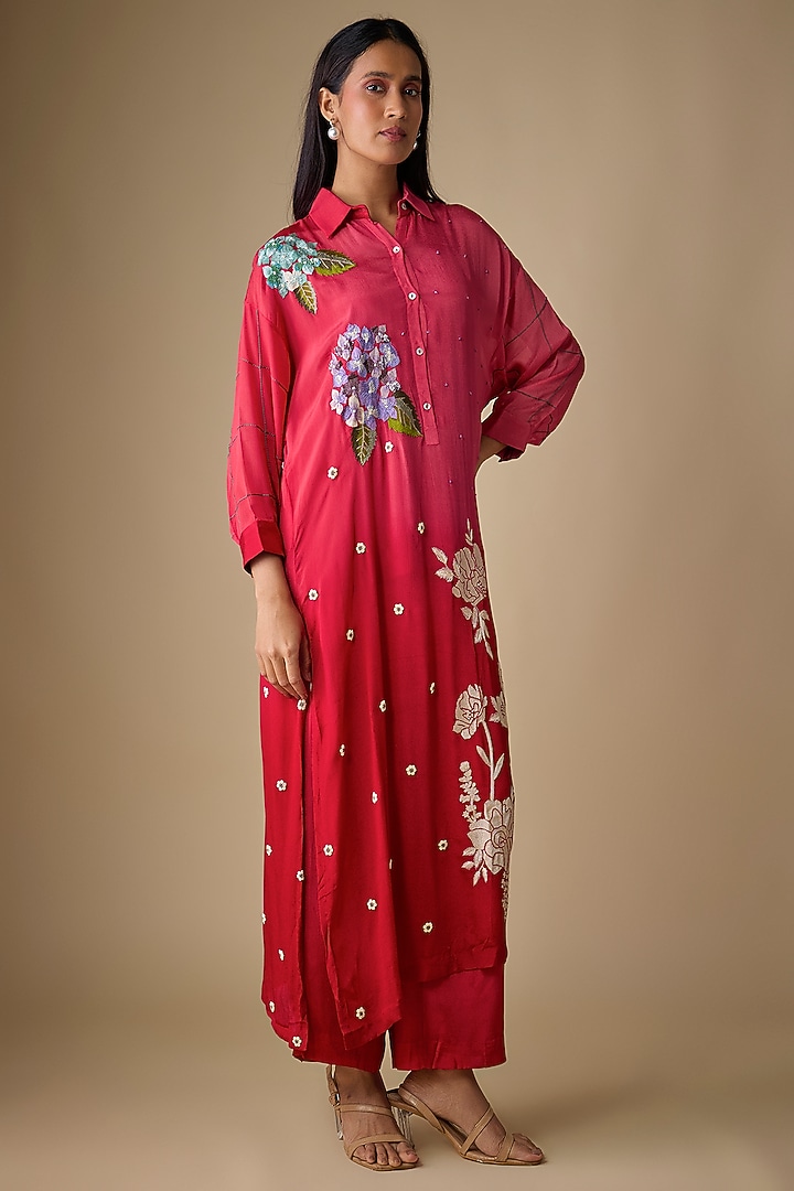 Red Shaded Crepe Chiffon Blossom Embroidered Kurta Set by Half Full Curve at Pernia's Pop Up Shop